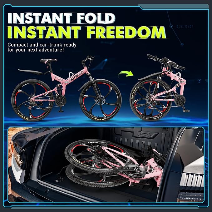 26 Inch Folding Mountain Bike, 21 Speed Full Suspension Bicycle Dual Disc Brake Non-Slip Quick Release tire for Adults Men Women(Balck/Pink/Green/Orange/White/Purple)