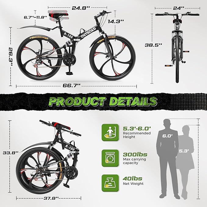 26 Inch Adult Folding Bikes/Mountain Bikes, 21 Speeds Mountain Bicycles with Full Suspension, Dual Disc Brake, High Carbon Steel Frame, Foldable Bike for Men/Women/Teen, Multiple Colors