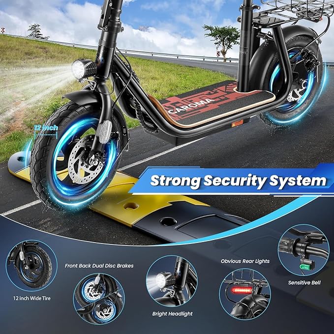 Caroma Peak 1200W/800W Electric Scooter with Seat, 30 Miles Max Range, Electric Scooter Adults, Up to 20MPH Foldable Escooter with Basket,Key Start Adjustable E-Scooter