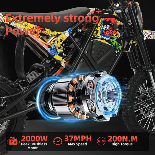2000W Electric Dirt Bike for Teens & Adults - 37MPH Off-Road EBike, 48V 23AH Removable Battery E Bikes, 14"/12" Fat Tires Bicycle, Hydraulic Brakes Mountain Trail Motorcycle for Ages 13+
