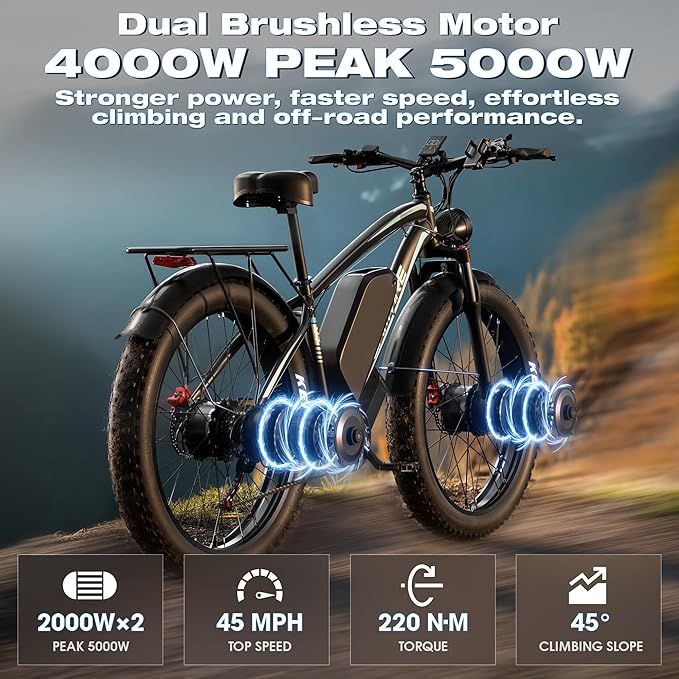 Ebike for Adults Electric, 52V 19.2Ah/32Ah, Peak 2000W/2500W E-Bike, 36/40MPH, 70 Miles/100Miles, Hydraulic Disc Brake, Off Road Snow Mountain E-Bike, 24"/26" Fat Tire Electric Bicycle UL2849 by SGS