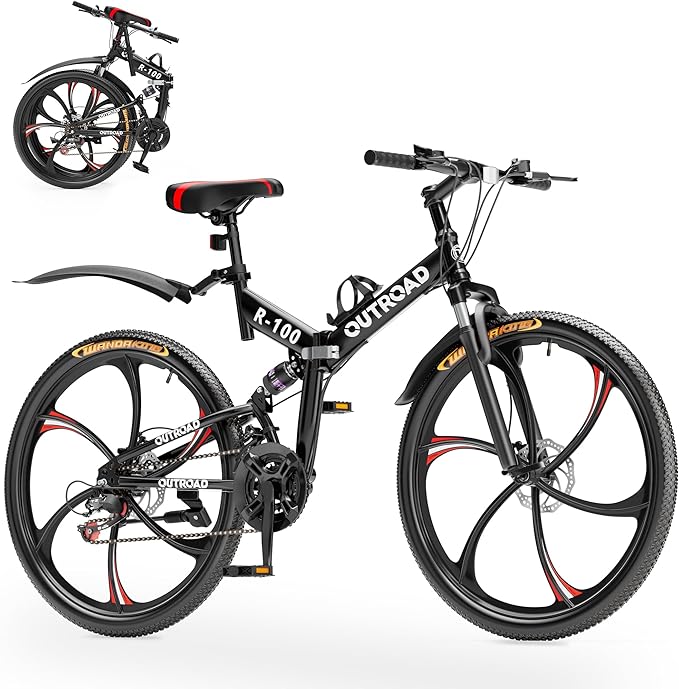 26 Inch Adult Folding Bikes, Mountain Bicycles with Full Suspension, Dual Disc Brake, High Carbon Steel Frame, Foldable Bike for Men/Women/Teen, （HM-Black）
