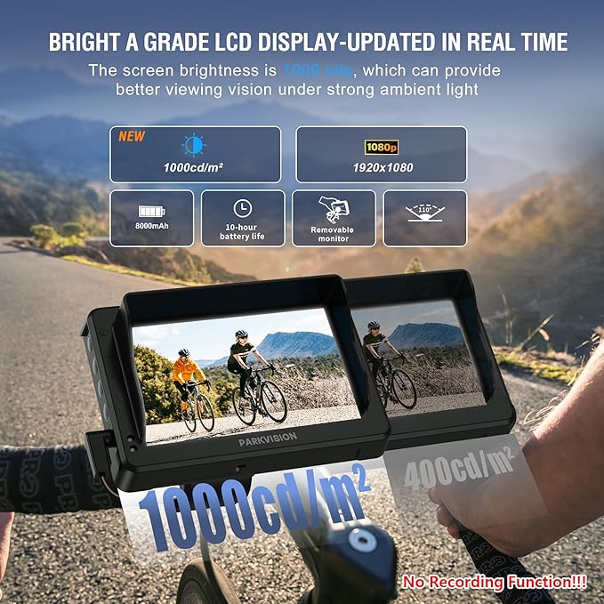 PARKVISION Handlebar Bike Mirror, Bicycle Rear View Camera with Dust Cover, 4.3'' HD 1080P Monitor, 8000mah Battery, 120° Wide Angle View, Bike Camera for Mountain,Ebike,Road Bike