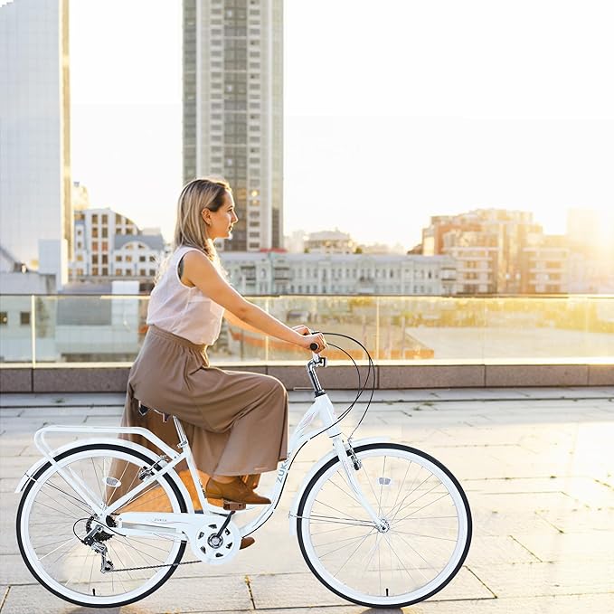 Commuter Bicycle, 26 Inch Ladies Bicycle for Adult, 7-Speed/High-Carbon Steel/Front & Rear Fenders, Ergonomic Upright Design Multiple Colors