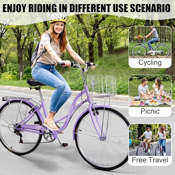 Ktaxon Women Bike 24/26 Inch Bicycles for Women, Beach Cruiser Bike with Premium Derailleur & Shift Lever, Adjustable Seat, High-Carbon Steel Frame and Excellent Welding Technology | Premium Derailleur, Shift Lever, Adjustable Seat