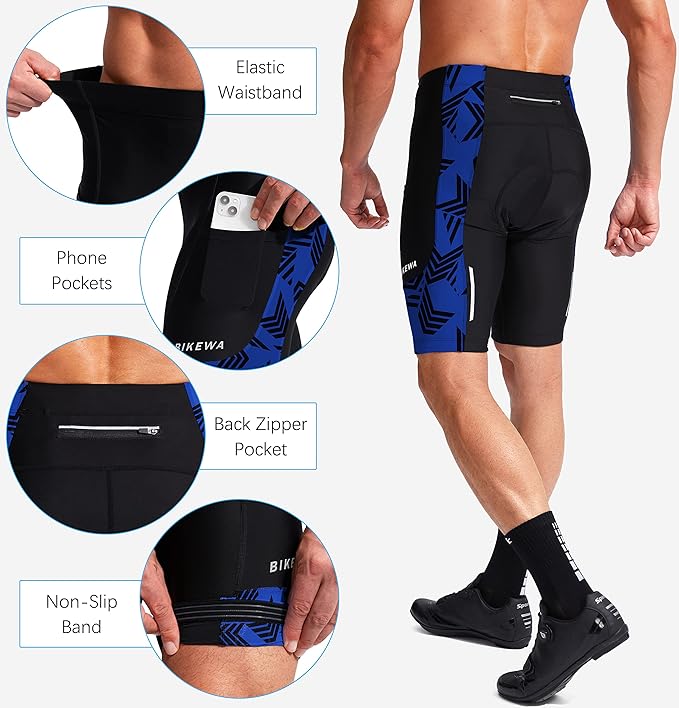 Bikewa Men's Bike Shorts 3D Padded Cycling Road Biking Mountain Riding Biker Bicycle UPF 50+ Cycle Shorts Zipper Pockets