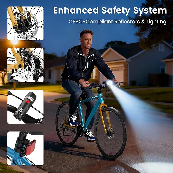 MOONCOOL Hybrid Bike for Men, 700C Aluminum 29LBS Ultra-Light 8-Speed Commuter Bike, 350lb Capacity, 29" Adult Urban Bicycle, Dual Disc Brakes, for Tall Men&Women, 85% Pre-Assembled