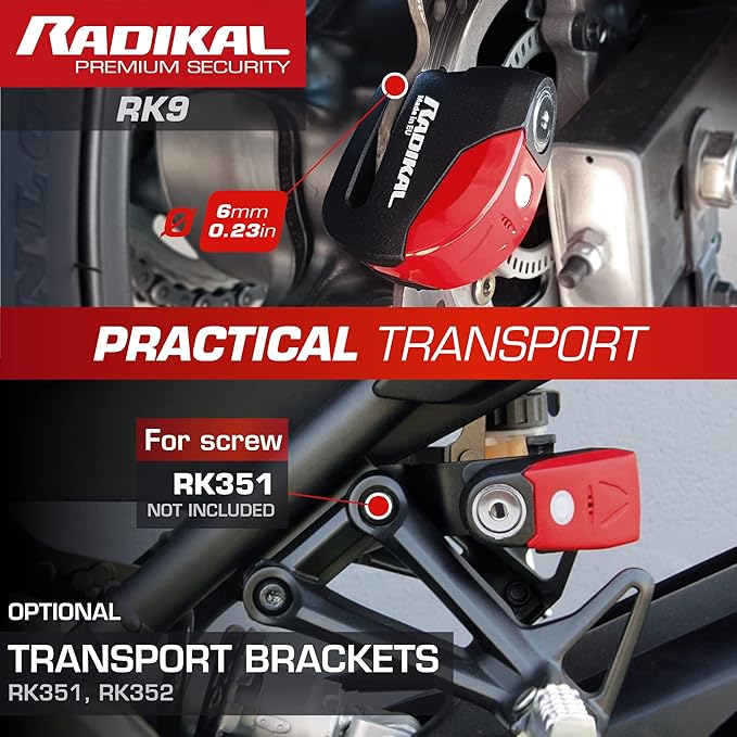 RADIKAL RK9 Disc Lock with Premum Alarm 120db ON/Off, LED Night Alert, Warning Pre-Alarm, 100% Waterproof, Full Metal Heavy Duty Brake Lock Universal Anti Theft Device for Motorcycle, E-Bike, Bicycle