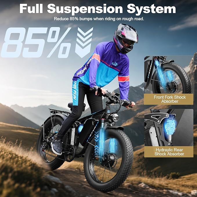 9000W Peak Electric Bike,58V Max-Output Dual Motor Ebike for Adults, 47MPH 1856Wh Fast E Bike,Up to 105Miles 24" x4.0 Fat Tire Full Suspension Mountain E Bicycle for Sand Beach Commuter