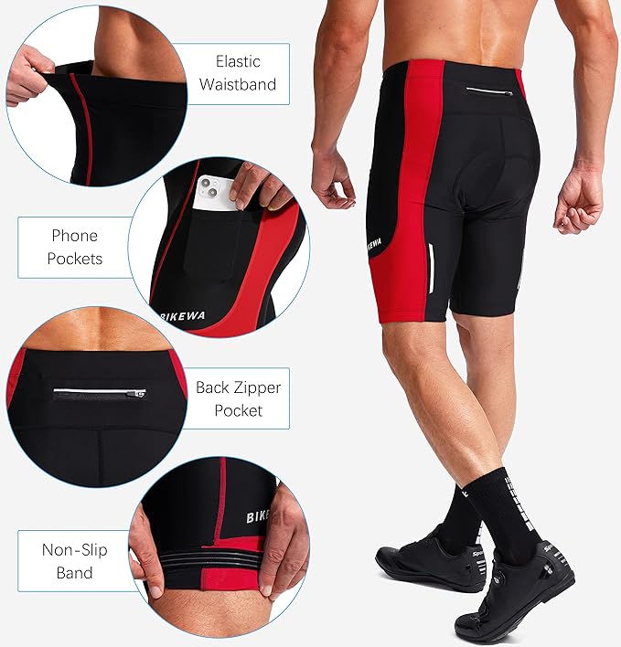 Bikewa Men's Bike Shorts 3D Padded Cycling Road Biking Mountain Riding Biker Bicycle UPF 50+ Cycle Shorts Zipper Pockets