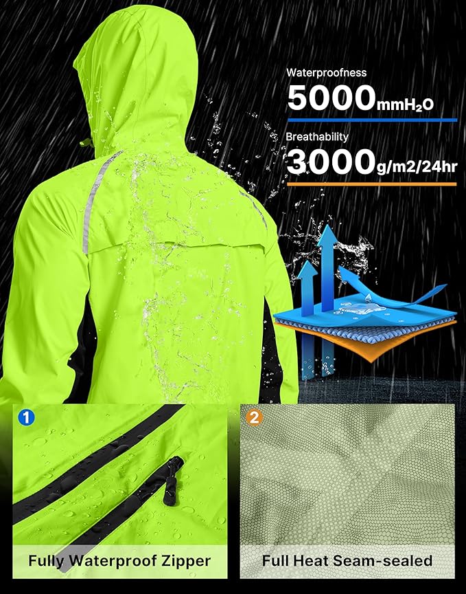 Bikewa Men's Cycling Rain Jackets Waterproof Running Bike Windbreaker Lightweight Packable Hooded Jacket