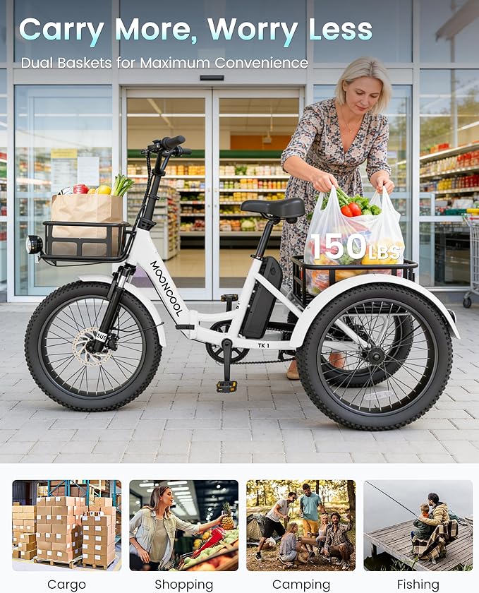 MOONCOOL Electric Trike for Adults, 500W/750W 48V Electric Tricycle for Adults Peak Power 1500W, 20"x3.0" Fat Tire 3 Wheel Electric Bike, Folding Aluminum Adult Tricycle with Removable Battery