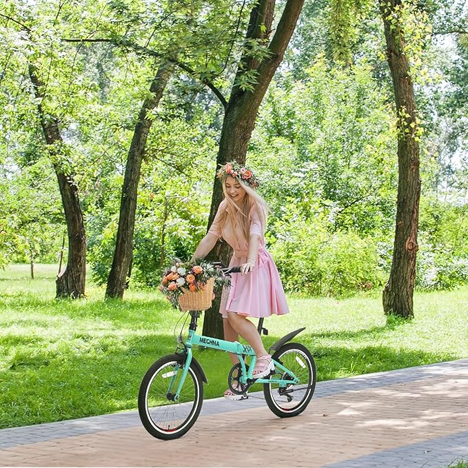 20 Inch Folding Bike for Adults, 6-Speed City Commuter Bike with Steel Frame,Quick-Release Fold, Front Basket, Phone Holder & V-Brakes