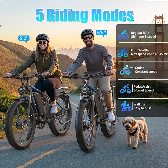 Electric Bike, Max 40-45MPH & 100 Miles, 5000W Peak Dual Motor Adult E-Bike, 52V 32Ah Battery Ebike, 24'' 26" Hydraulic Disc Brakes, Fat Tire All-Terrain Hunting Electric Bike, Full Suspension