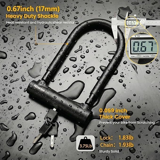NDakter Bike Locks, 17mm Heavy Duty Anti Theft, Bike U Lock with 4FT Chain and Bracket, Electric Bicycle Lock for Scooter, 3 Keys Motorcycle Wheel Lock for Ebike, Moped, Tricycle