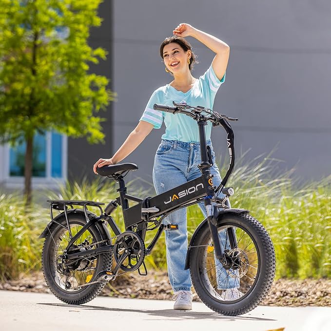 Jasion EB7 2.0 Adult Electric Bicycles, 28MPH Folding Electric Bike,1200W Peak Motor, 480WH Battery 55Miles Commute Ebikes for Adults,Shock Absorber,20" Fat Tire for City,Beach,Snow,Mountain