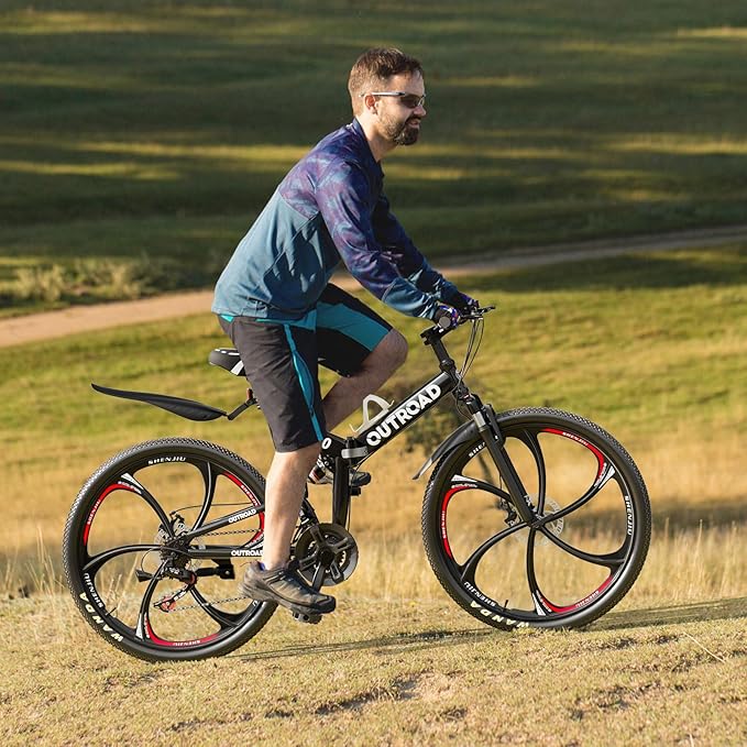 26 inch Folding Mountain Bike, Carbon Steel Frame and 21 Speed, Double Disc Brake and Dual Suspension Folding Bike for Adults/Men/Women, Easy Assembly Bicycle(Black/Green/Orange)