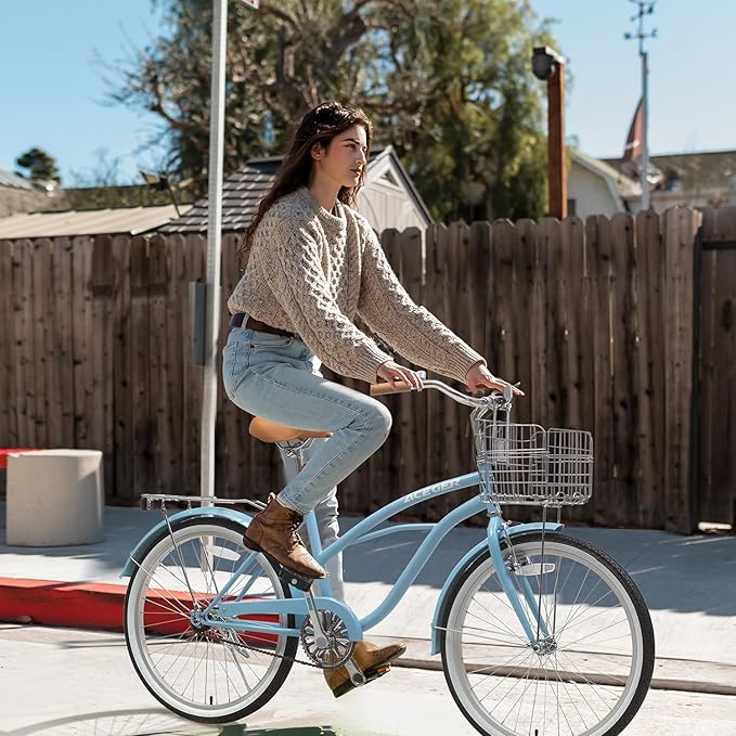ACEGER 24 26 Inch Women Beach Cruiser Bike, Single Speed and 7 Speed, Adult Hybrid Bike Commuter Bicycle, Hi-Ten Steel Frame with Adjustable Handlebar and Saddle, Multiple Colors