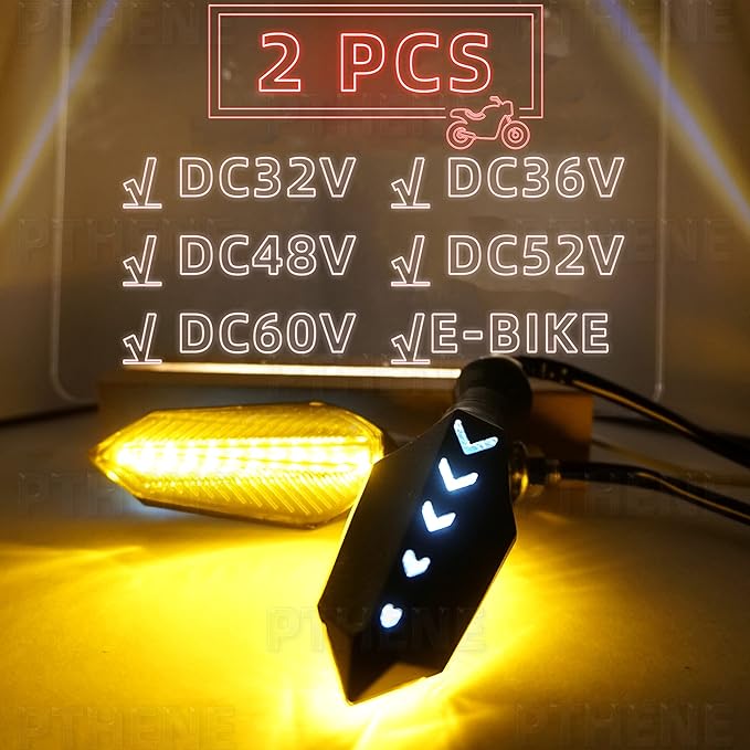 Motorcycle Led Turn Signal Lights Universal Front Rear DC 32v 48v 52v 60v Flowing Blinkers Flasher Indicator Light for Electric Motorcycles Motorbike Scooter Bicycle E-Bike (Amber/White, DC32V-DC60V)