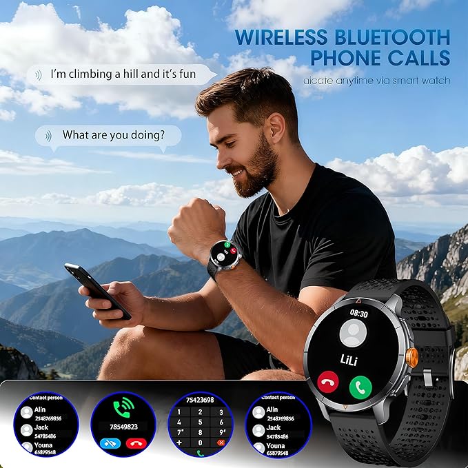 Rugged Smart Watch for Men with Built-in GPS, 1.6" AMOLED, 5ATM Waterproof Tactical Watch with Altimeter Barometer Compass, Bluetooth Calls, Outdoor Fitness Tracker for Android & iPhone - Black