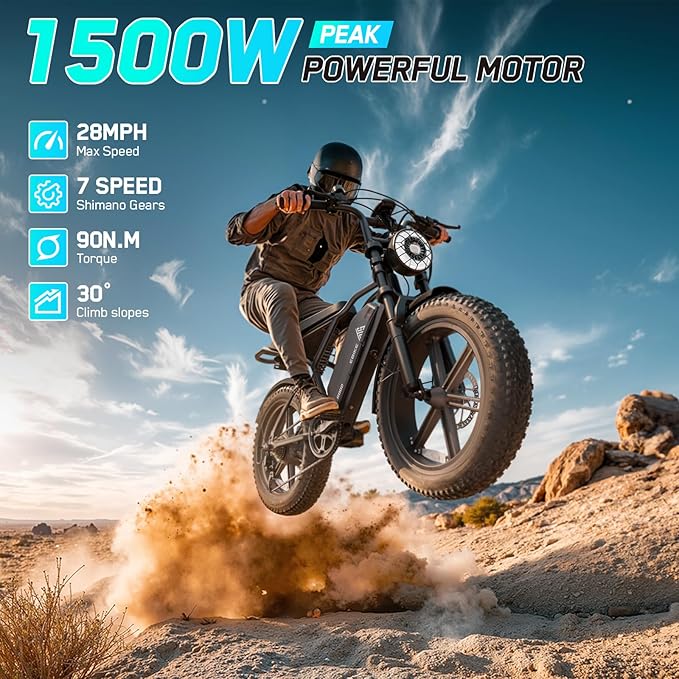 TST Electric Bike for Adults, 1500W Peak Motor 28 MPH 60/100 Miles Fat Tire Ebike with 48V 15Ah/25Ah Removable Battery 20" Electric Dirt Bike Full Suspension and 7-Speed