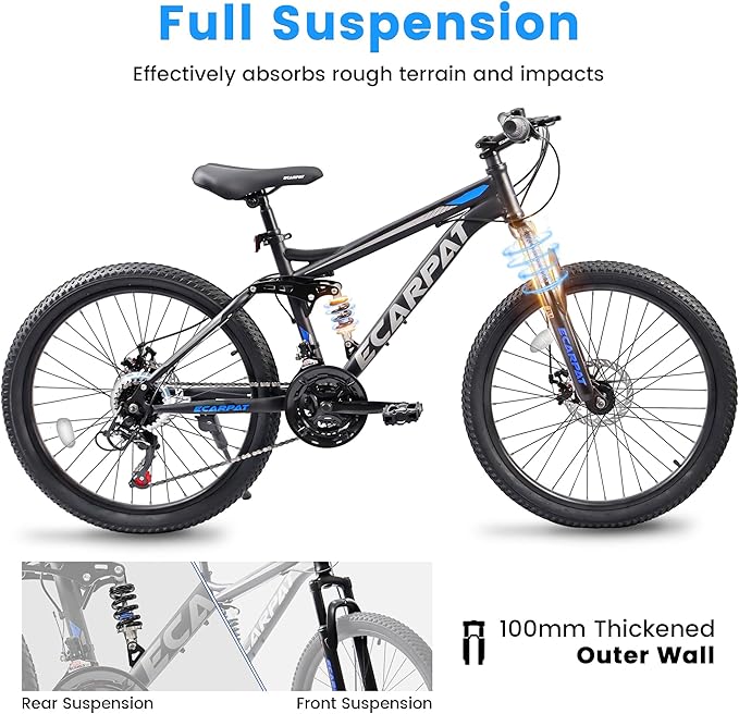 24/26/27.5 Inch Wheel Mountain Bike, 21 Speed MTB Bike with Full Suspension, Steel Frame and Dual Disc Brakes, Adult Mens Outdoor Cycling Mountain Bicycle
