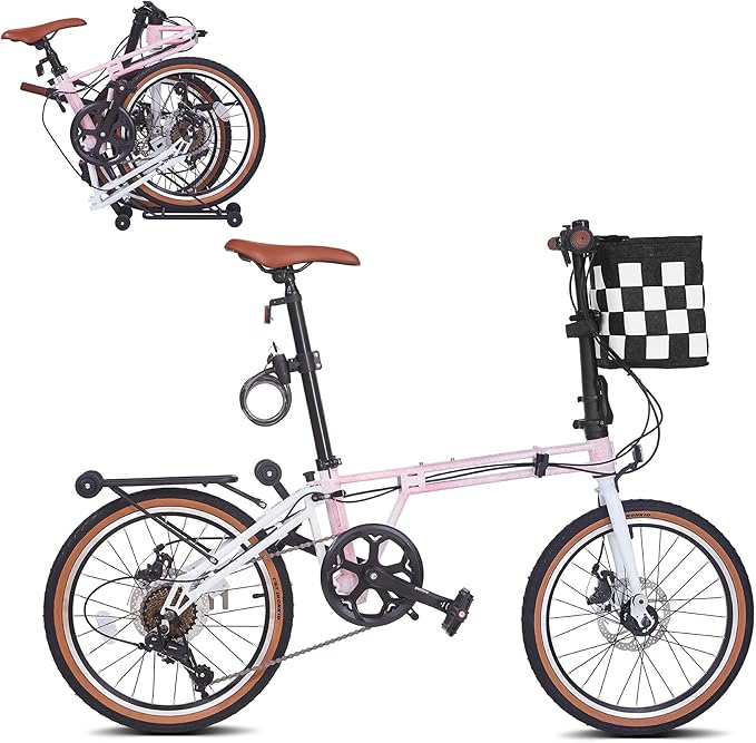20 Inch Folding Bike for Adults, 7-Speed Foldable Bike for Women & Men, Foldable Bicycle with Dual Disc Brake, Portable Commuter City Bikes with Adjustable Saddle