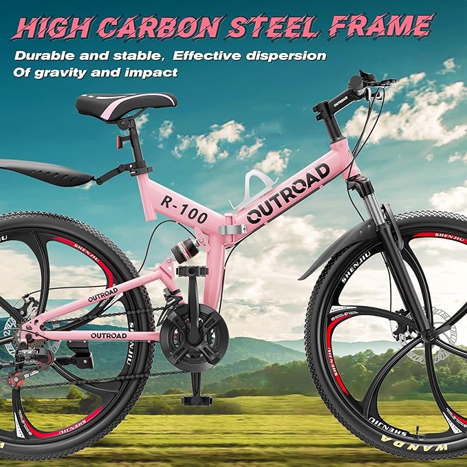 Betterland 26 Inch Mountain Bike, 21 Speeds Full Suspension Folding Bikes, Dual Disc Brake, High Carbon Steel Frame and Non-Slip Quick Release tire Bicycle for Adult
