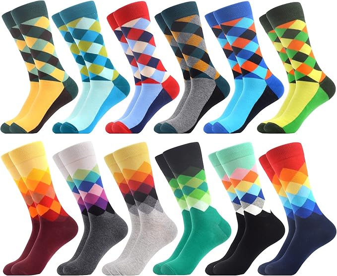 WeciBor Men's Dress Funny Crazy Colorful Novelty Combed Cotton Crew Socks 12 Pack - Size 7-10/10-13/13-15