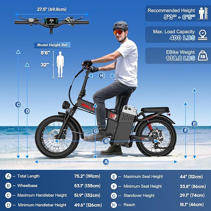 Wallke H9 Ultra 4000W Long Range Electric Bike for Adults, 55Ah 2640Wh 180 Mile, 37MPH Fast Ebike, 2-in-1 Battery AC/DC Power Hub & AC/Solar-Charging, Torque Sensor, Air Suspension,20" Fat Tire E Bike