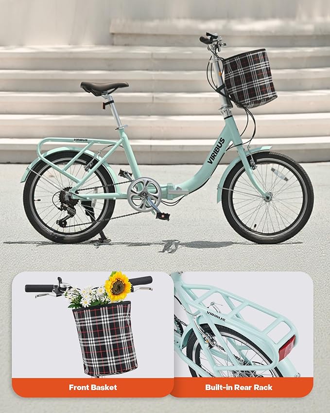 VIRIBUS Folding Bike, 20 inch Lightweight Foldable Bike for Adults 7 Speed with Aluminum Frame, Basket & Rear Rack, Step Through Collapsible Bike for Women Men Seniors City Commuter