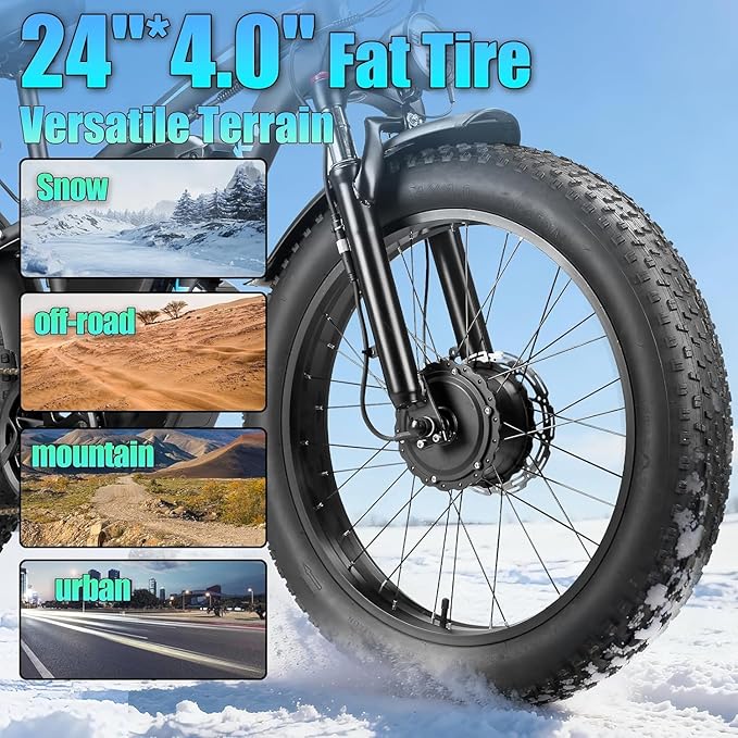 9000W Peak 58V Max-Output Ebike for Adults, Powerful 34Ah Battery Dual Motor Ebike, 47MPH Top Speed Fast E-Bike, Up to 105 Miles 24"x4.0 Fat Tires Electric Mountain Bicycle for Sand Beach Snow