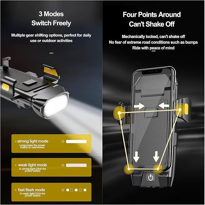 4 in 1 Bike Phone Mount with Light, Bicycle Phone Holder with 500 Lumen LED Headlight,3000mAh USB Charger&130dB Horn,Easy Install for Handlebar,E-Bike,Road & Mountain Bicycle(Black)