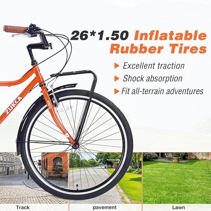 Vintage Style 26 Inch Adult Cruiser Bicycle Hybrid Bike 7 Speeds Commuter Bike for Women, Men, Seniors, SHMANO Shifter and derailleur Step-Over Steel Frame,Double Cargo Rack，4 Colors