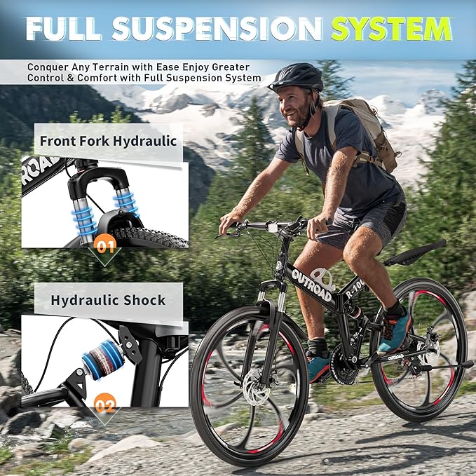 26 Inch Folding Mountain Bike, 21 Speed Full Suspension Bicycle Dual Disc Brake Non-Slip Quick Release tire for Adults Men Women(Balck/Pink/Green/Orange/White/Purple)
