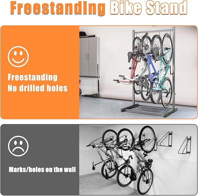 TORACK Garage Freestanding Hanging Bike Stand for Garage, Heavy Duty 4 Bikes Vertical Bike Storage Stand Floor Bike Storage Rack