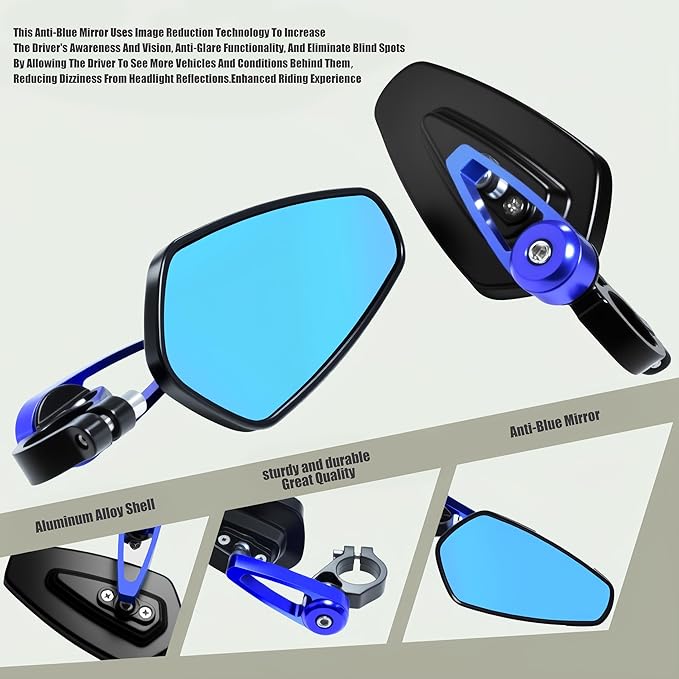 7/8" Motorcycle Mirrors - 22mm Bar End Rear View Mirrors Compatible with Most Yamaha, Kawasaki, Honda Grom, Ducati, Suzuki and More Bike Scooter Street Sport Cruisers (Blue)