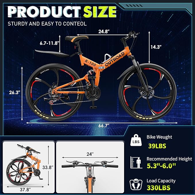 26 Inch Folding Mountain Bike, 21 Speed Full Suspension Bicycle Dual Disc Brake Non-Slip Quick Release tire for Adults Men Women(Balck/Pink/Green/Orange/White/Purple)