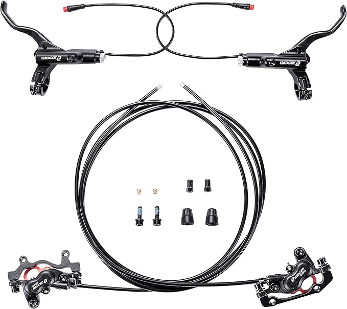 BUCKLOS Zoom HB876E 2-PIN 4 Pistons E-Bike Electric Power Off Hydraulic Disc Brake Set,Left Front 1100mm Right Rear 1850mm Aluminum Alloy Lever with Caliper is/PM Adapter for ebike/MTB Mountain Bike…