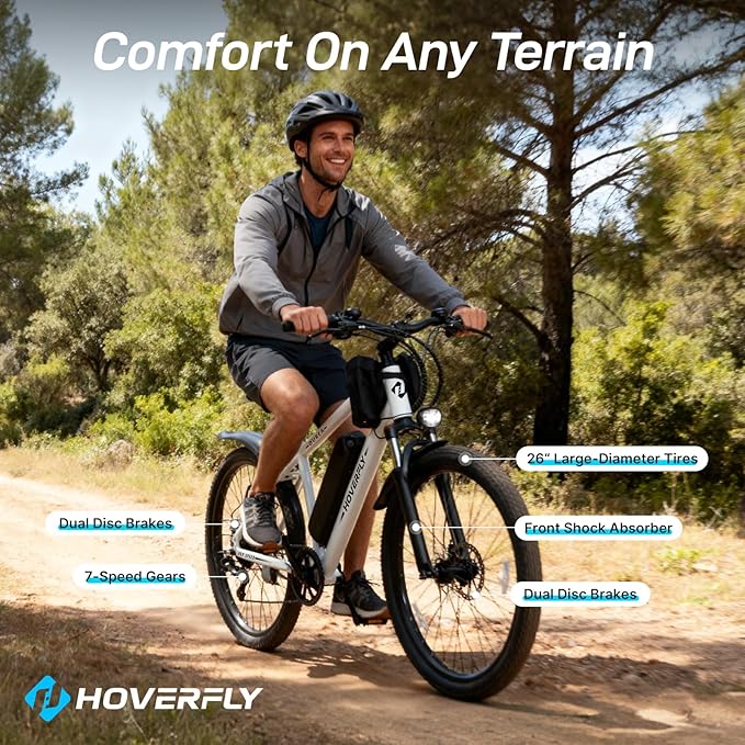 HOVERFLY OUREA 26" Electric Bike for Adults, 750W Peak Motor Mountain Ebike, 20MPH Up to 40 Miles, UL2849 Certified, 7-Speed, Removable Battery, Shock Absorber, Fat Tire Commuter E-Bike