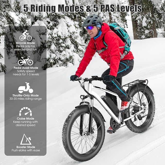 Electric Bike for Adults, 1000W Peak 25MPH 60Miles Ebike,48V 13AH Battery Electric Mountain Bike, 26" x 4'' Fat Tire Electric Bicycle with Rear Rack, Fenders, 7 Speed, UL 2849 Certified