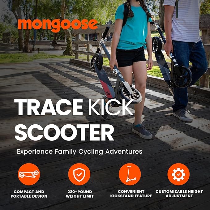 Mongoose Trace Kick Scooter for Youth Adult Boys and Girls, Quick-Release, Lightweight & Easy Folding Scooter, Bike Style Grips, Supports 176 lb Up to 220 lbs
