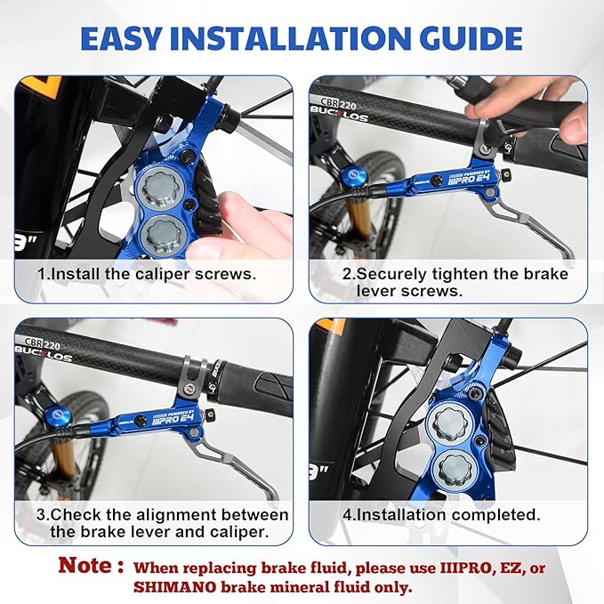 BUCKLOS IIIPRO MTB 4 Pistons Hydraulic Disc Brake Set Front 800mm and Rear 1550mm with Ceramic Brake Pad for Mountain Bike(Pre-Bled)