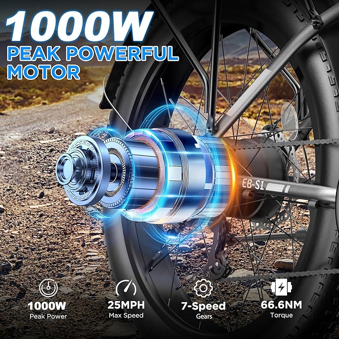 Electric Bike for Adults, 1000W Peak Ebike, 25MPH 60Miles Electric Mountain Bike, 26" Fat Tire Electric Bicycle with 48V 13AH Battery, Front Suspension,7 Speed, Rear Rack, UL 2849 Certified
