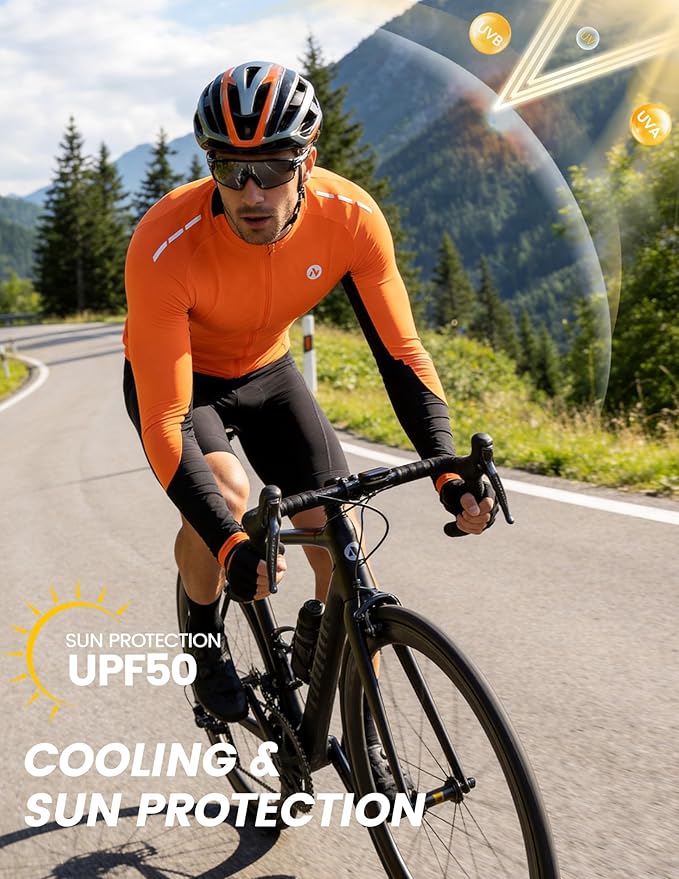 Nepest Mens Cycling Jersey Long Sleeve Bike Jersey UPF 50+ Road Biking Shirts Clothing with 4 Rear Pockets