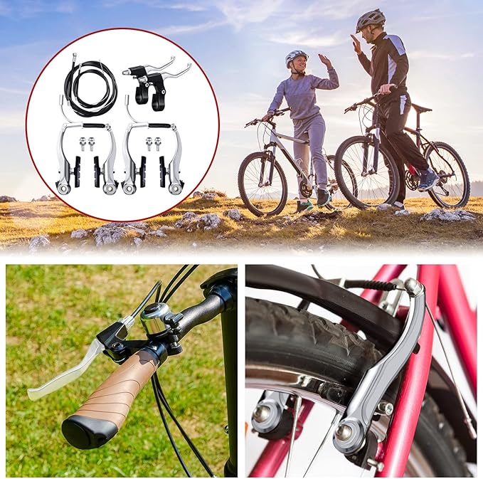 Boao Complete V-Type Bike Brake Set, Front and Rear Bike MTB Brake Inner and Outer Cables and Lever Kit Includes Calipers Levers Cables (Silver)