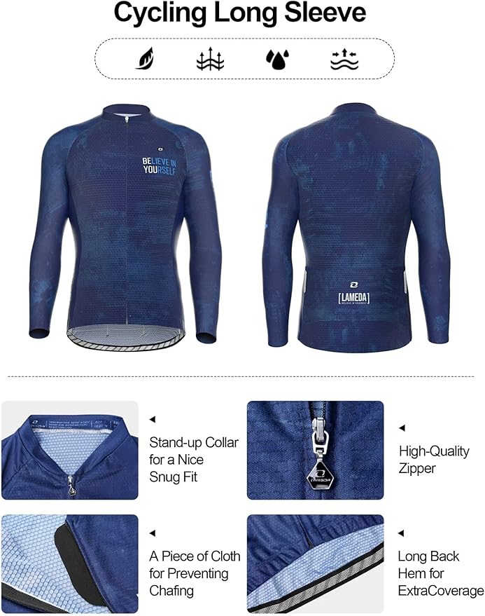 LAMEDA Men's Cycling Jersey Long Sleeve, Breathable Moisture Wicking Bike Shirt, Lightweight Biking Shirt with 3 Rear Pockets