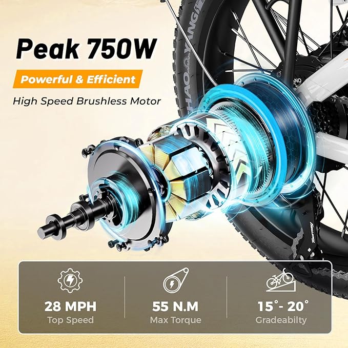 Aipas A2 Folding Electric Bike, 20'' Fat Tire Electric Bike with 750W Peak Motor, 48V 12.8Ah Removable Battery, 28MPH Max Speed, 62 Mile Range, Step-Through Frame and 7-Speed with 2 Baskets