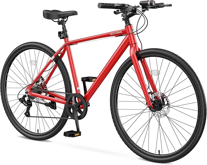 700C Hybrid Bike for Adults, Lightweight Aluminum City Commuter Bicycle, 8-Speed Urban Fitness Bike for Men & Women, Dual Disc Brakes, Upright Handlebar, LED Headlight & Reflectors