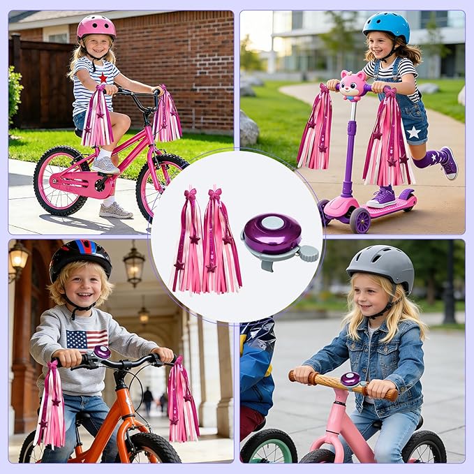 Classic Bike Bell and 1 Pair Colorful Bike Streamers Tassels, Aluminum Bicycle Bell Crisp Sound, Rainbow Tassel Ribbons for Girls Kids Adults Scooter Handlebar Bike Accessories